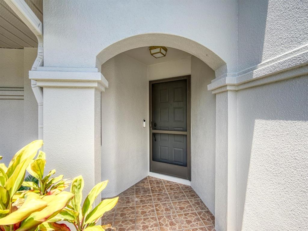 A covered entryway features a tiled floor, a dark storm door, and a light fixture — 3454 KILLDEER PLACE, PALM HARBOR, FL