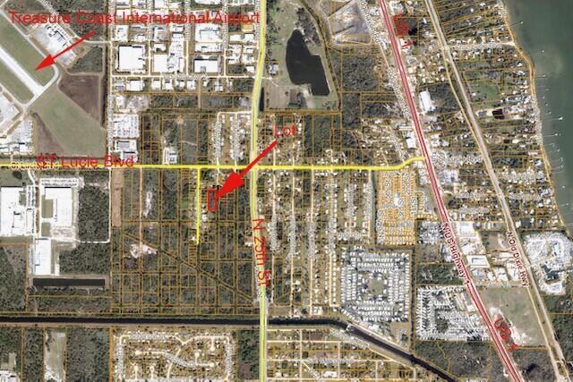 An aerial map shows a highlighted property lot located near a major road and airport — 0 Harson Way, Fort Pierce FL 34946, FORT PIERCE, FL