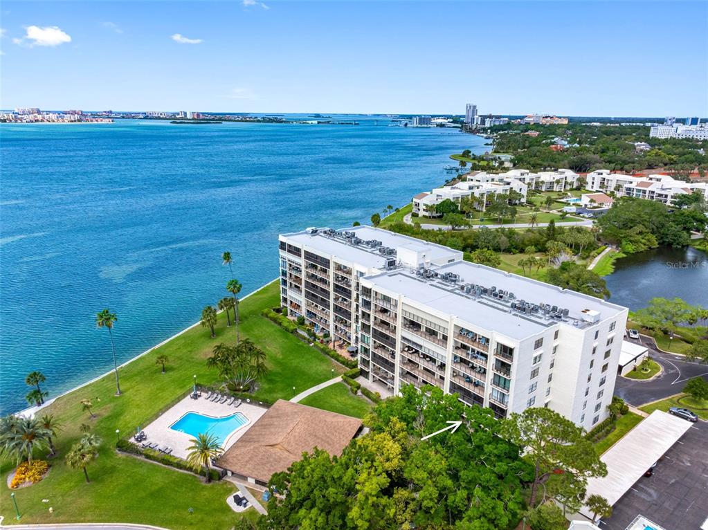 An aerial view shows a multi-story apartment building next to a pool and water — 100 OAKMONT LANE UNIT 203, BELLEAIR, FL