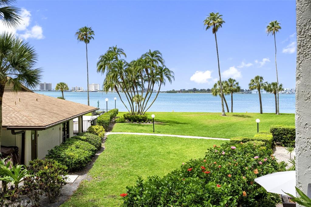 A view from a balcony overlooking a grassy lawn, palm trees, and a bay — 100 OAKMONT LANE UNIT 203, BELLEAIR, FL