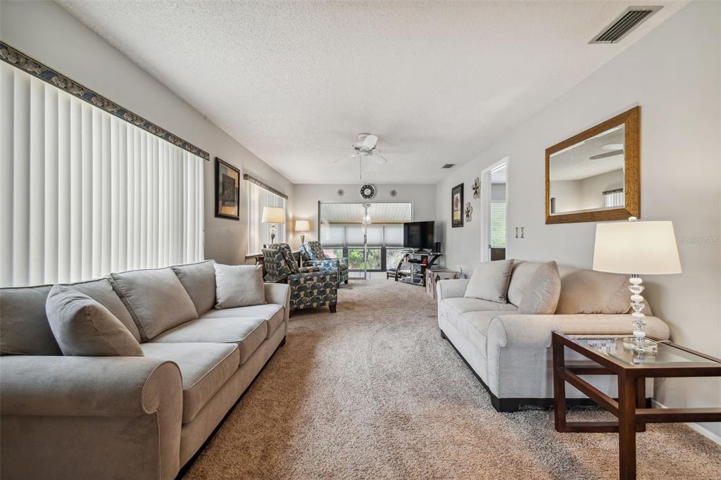 A living room features two light-colored sofas, patterned armchairs, carpeted flooring, and a large mirror — 4028 DAVIT DRIVE UNIT 4028, NEW PORT RICHEY, FL