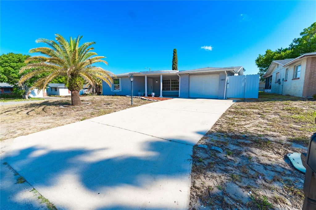 A single-story house with a concrete driveway, a palm tree, and a white garage door — 7511 TYSON DRIVE, PORT RICHEY, FL