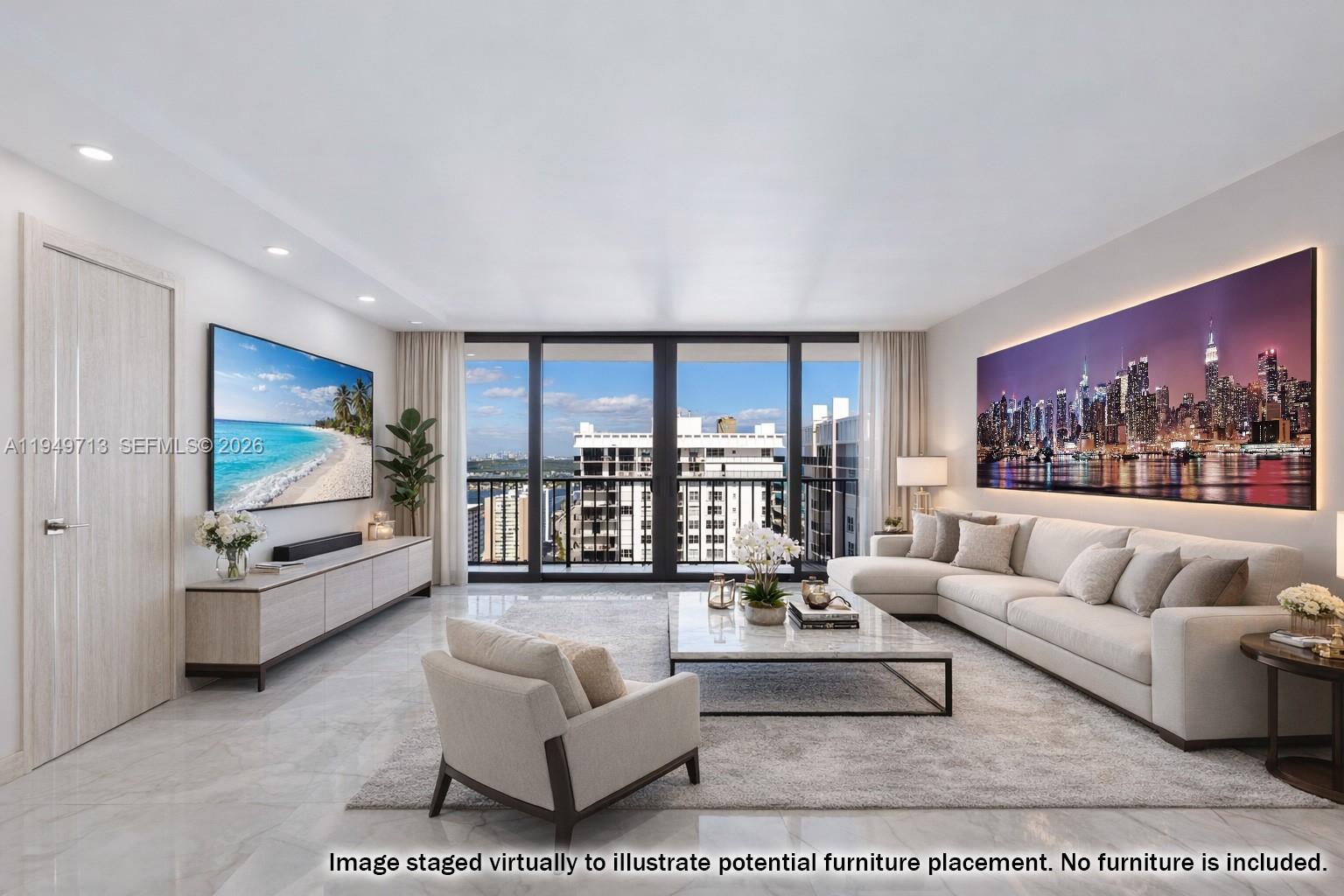 This is a virtually staged living room with a balcony, marble floors, and city views — 2401 S Ocean Dr # A4, Hollywood FL 33019, HOLLYWOOD, FL