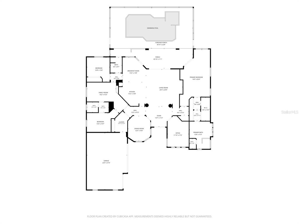 This is a floor plan of a single-story house featuring a swimming pool and garage — 515 SAND CRANE COURT, BRADENTON, FL
