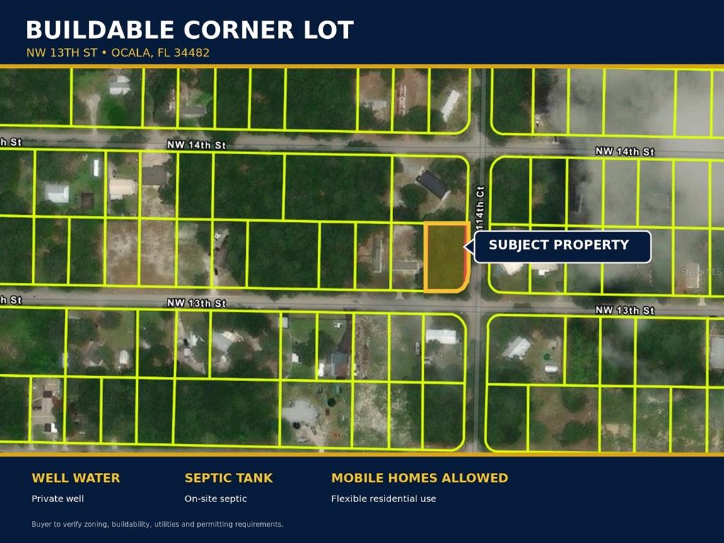 An aerial map shows a highlighted corner lot in a residential neighborhood with surrounding streets — NW 13TH STREET, OCALA, FL