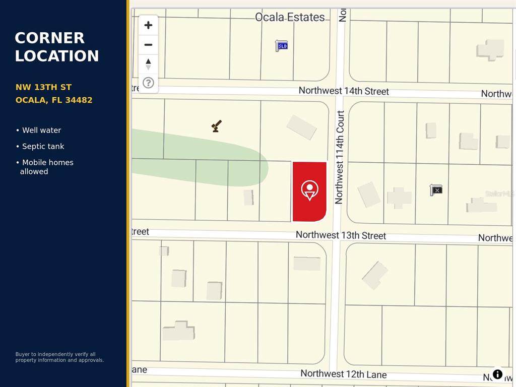 This map shows a red-highlighted corner lot located at the intersection of two streets — NW 13TH STREET, OCALA, FL