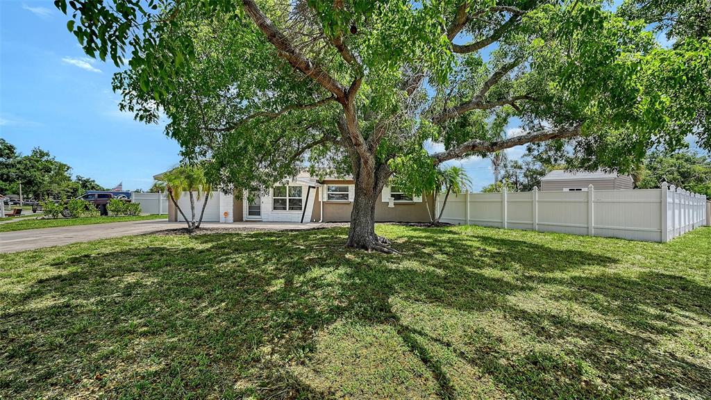 A large tree shades the front yard of a single-story house with a white fence — 3681 STOKES DR DRIVE, SARASOTA, FL
