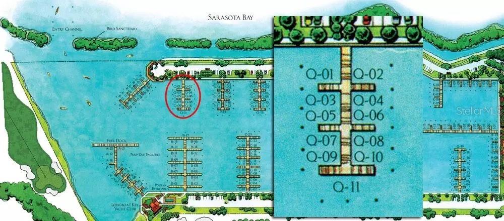 This is a map showing the layout of boat slips at a marina — 2600 HARBOURSIDE DRIVE UNIT Q-08, LONGBOAT KEY, FL