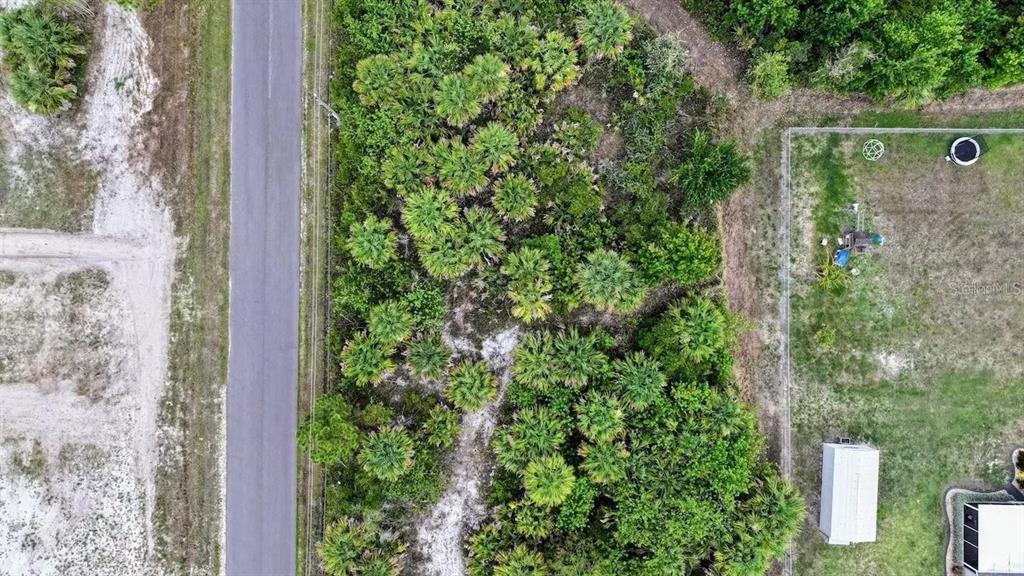 An aerial view shows a wooded, undeveloped lot next to a paved road and house — 418 LAGRANGE STREET SW, PALM BAY, FL