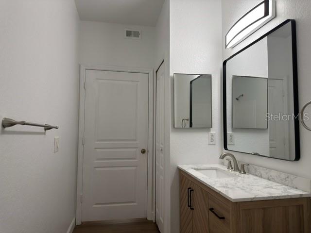 A bathroom features a wood vanity with a marble countertop, a rectangular mirror, and a door — 17101 CARRINGTON PARK DRIVE UNIT 415, TAMPA, FL