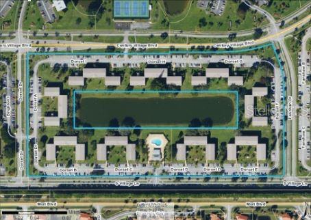 An aerial map shows a residential complex with multiple buildings surrounding a central lake and pool — 293 DORSET G UNIT G, BOCA RATON, FL