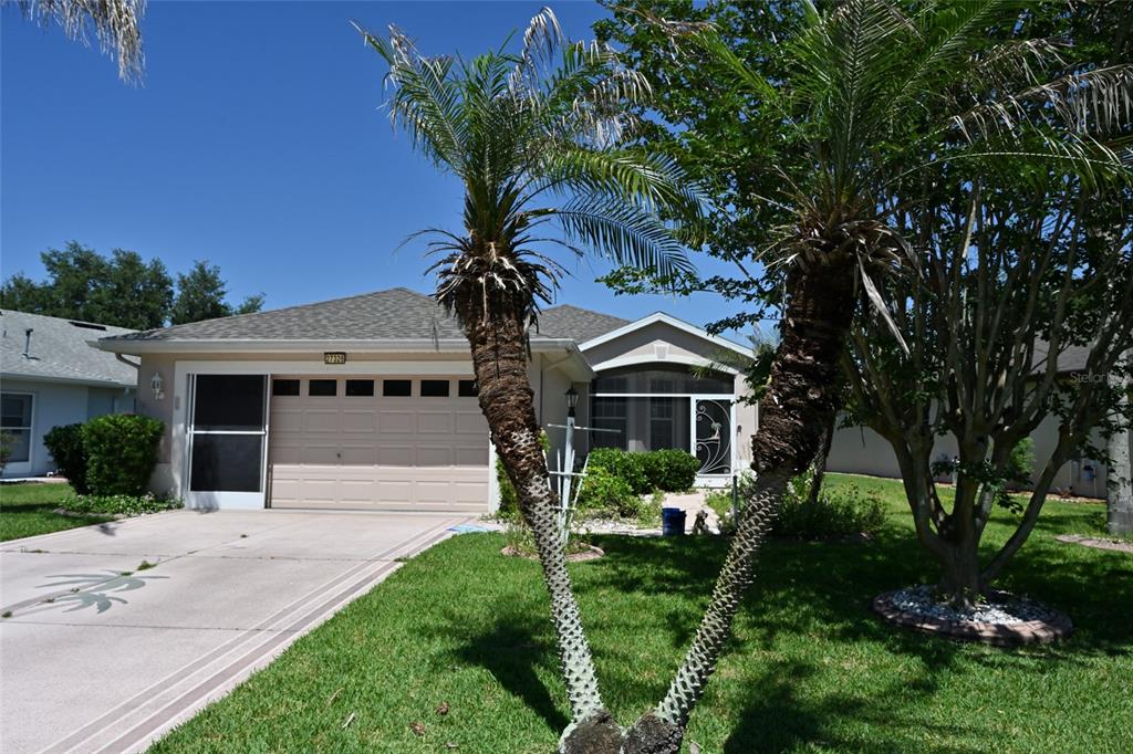 A single-story house with a beige garage and two prominent palm trees in the front yard — 27326 ORCHID GLADE STREET, LEESBURG, FL