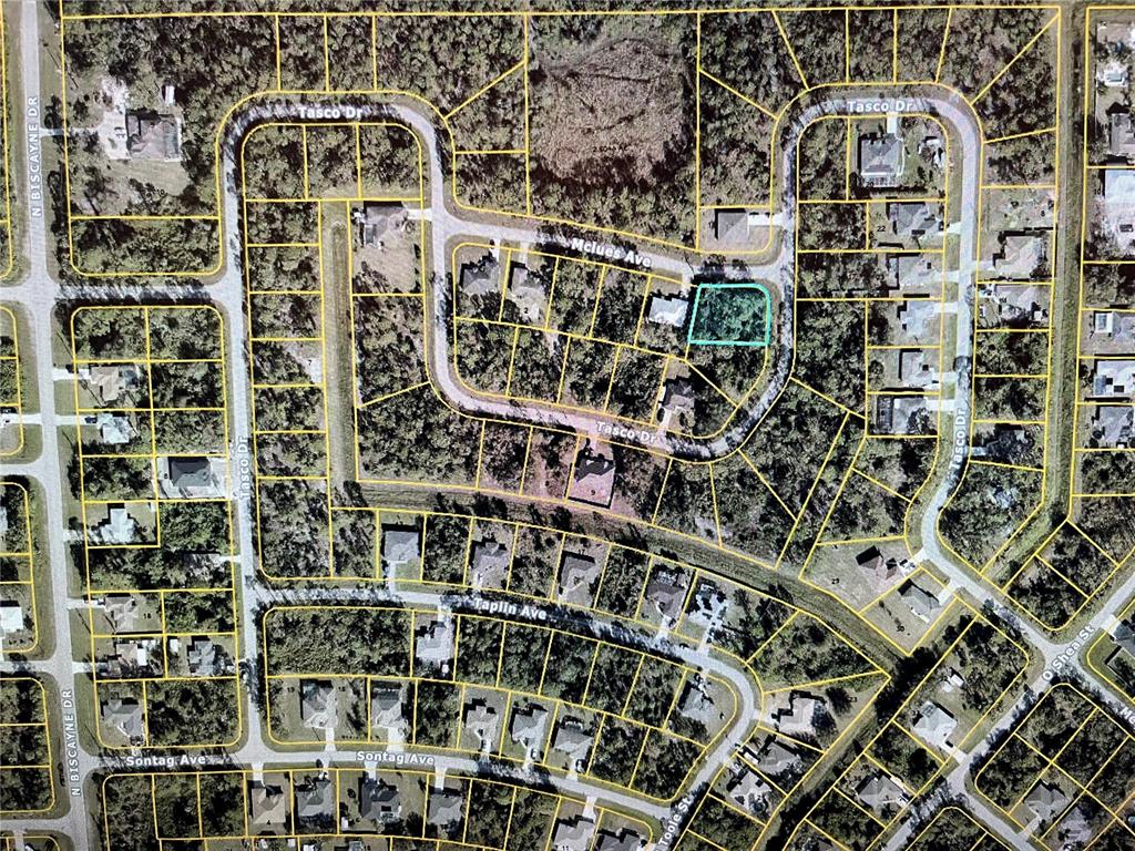 This is an aerial map showing a vacant residential lot highlighted in a suburban neighborhood — LOT 6 TASCO DRIVE, NORTH PORT, FL