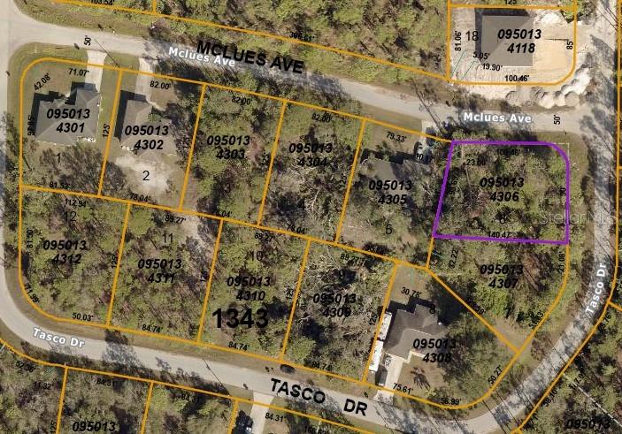 This is an aerial map showing residential property lot lines and parcel numbers — LOT 6 TASCO DRIVE, NORTH PORT, FL
