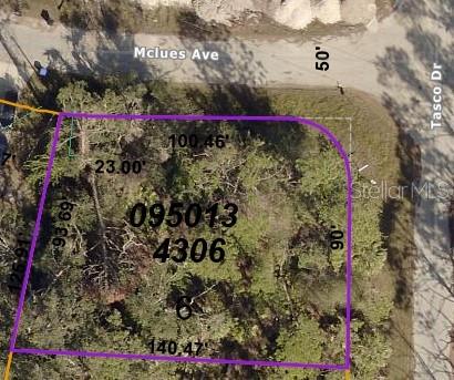 This is an aerial map showing the property boundaries and dimensions of a vacant lot — LOT 6 TASCO DRIVE, NORTH PORT, FL