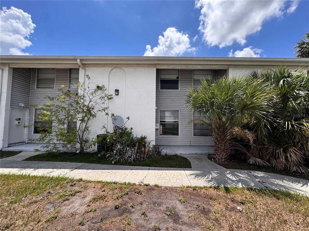 A two-story residential building exterior with gray siding, white stucco, and a palm tree — 7309 JACKSON SPRINGS ROAD, TAMPA, FL