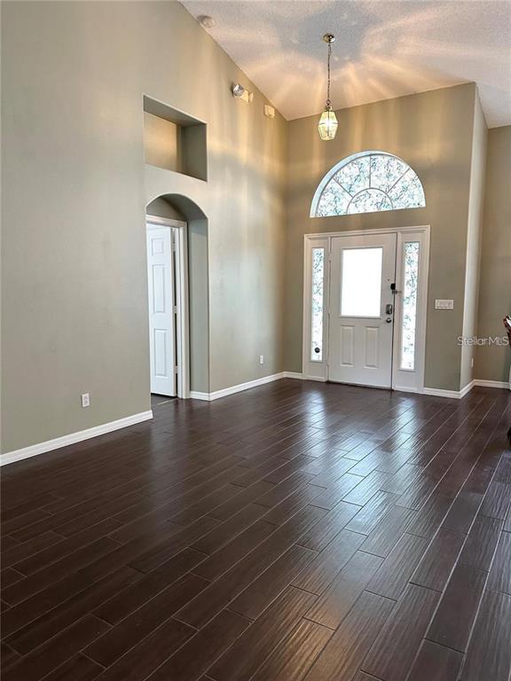 An entryway features dark wood-look flooring, a vaulted ceiling, and a white front door — 16016 BLOSSOM HILL LOOP, CLERMONT, FL