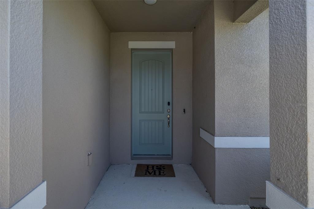 A covered entryway features a light blue front door and a welcome mat on concrete — 13512 PALMERA VISTA DRIVE, RIVERVIEW, FL