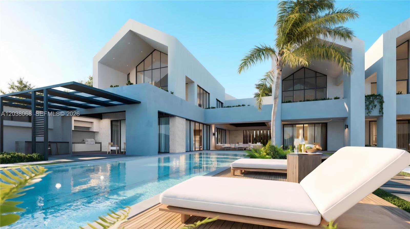This is a rendering of a modern house exterior featuring a pool and lounge chairs — 0 villa majagua, FL