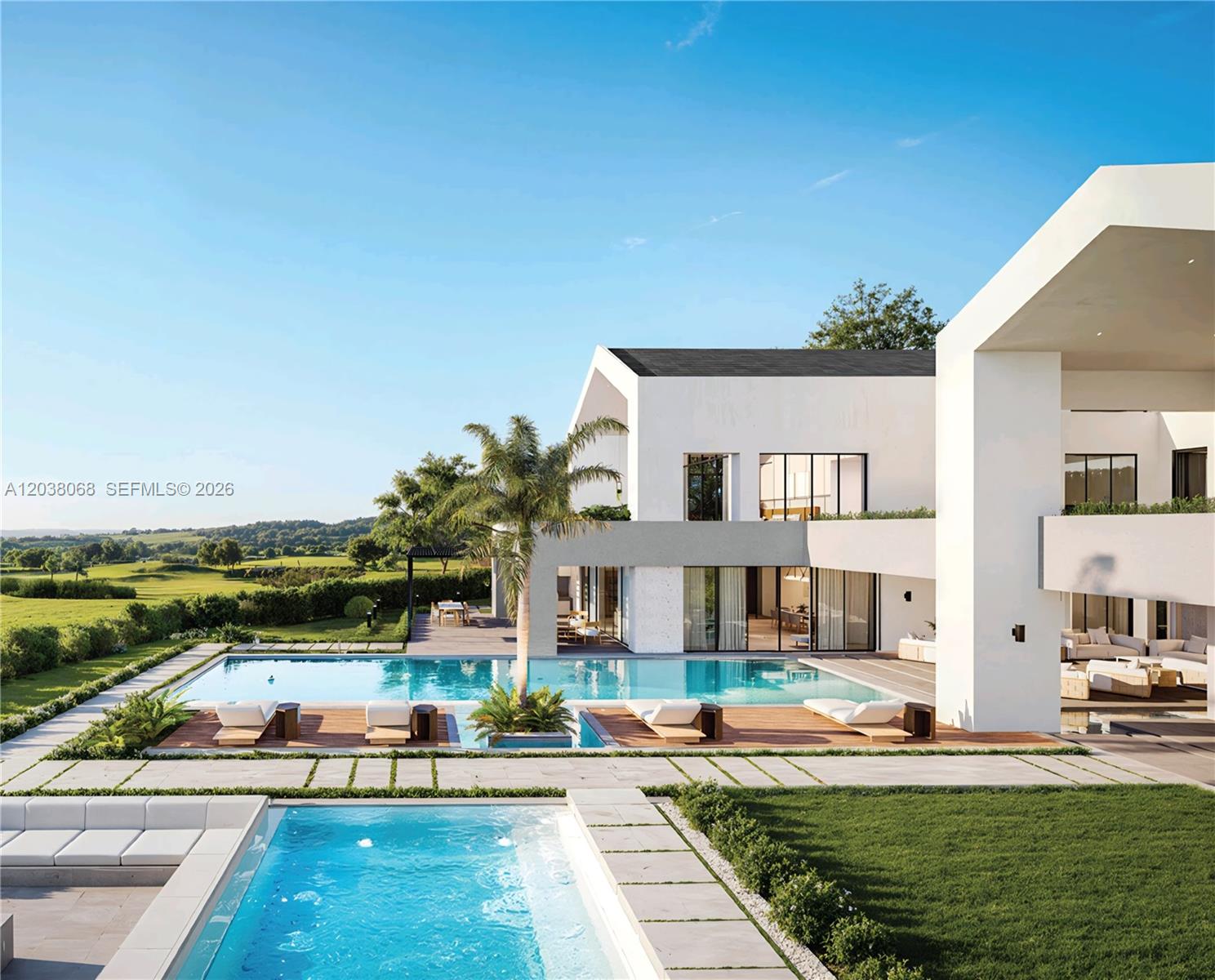 This architectural rendering shows a modern white house with two swimming pools and a palm tree — 0 villa majagua, FL