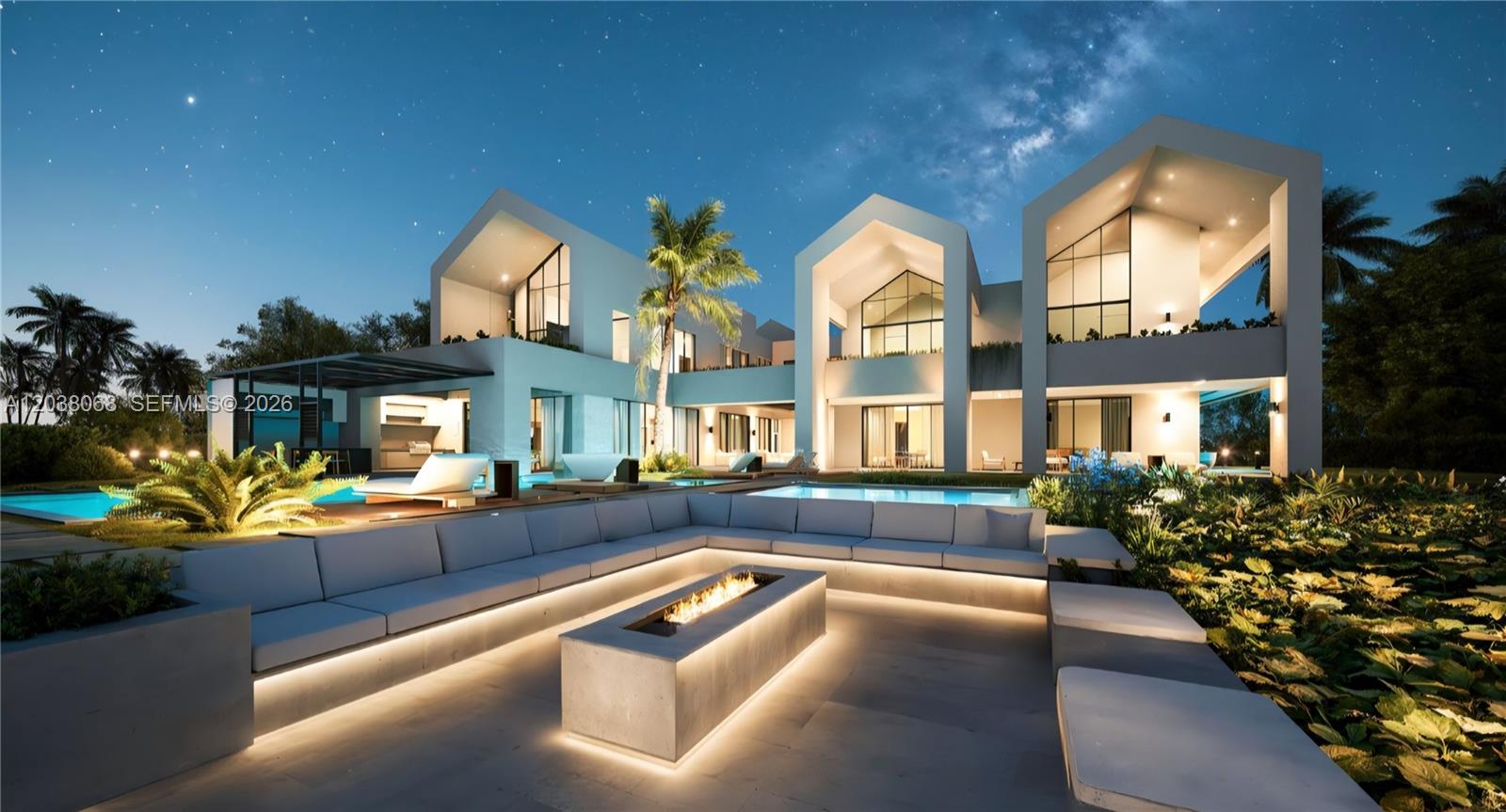 This architectural rendering shows a modern luxury home exterior with a pool and fire pit — 0 villa majagua, FL