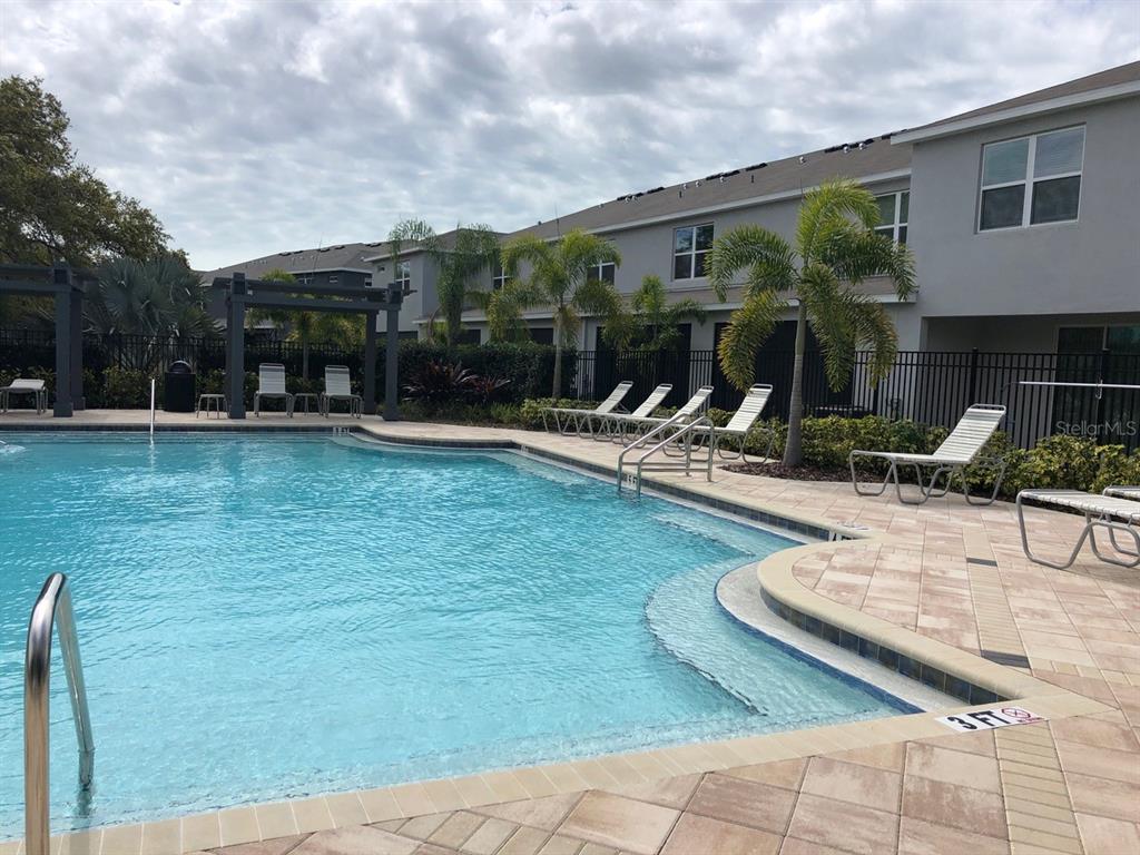 A swimming pool with lounge chairs and palm trees sits in front of apartment buildings — 8725 DAYDREAM STREET, SARASOTA, FL