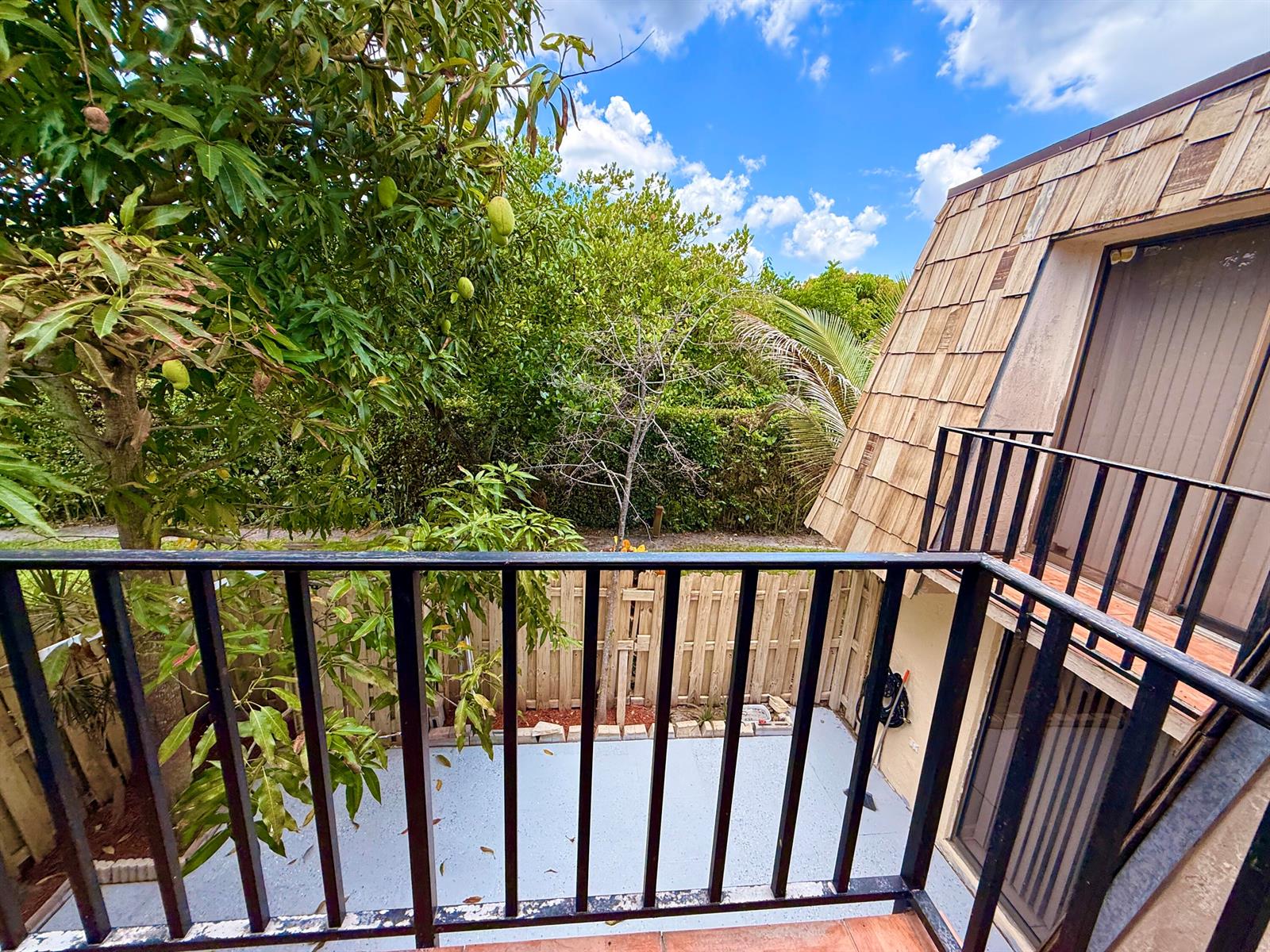 A view from a balcony overlooking a small patio, a wooden fence, and mango trees — 1684 Forest Lakes Circle # A, West Palm Beach FL 33406, WEST PALM BEACH, FL