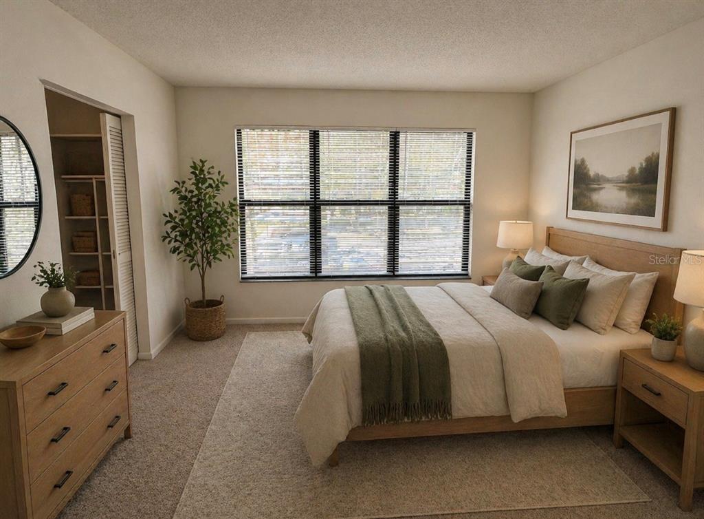 This is a rendering of a bedroom featuring a bed, dresser, and a large window — 819 OAK PARK PLACE, BRANDON, FL