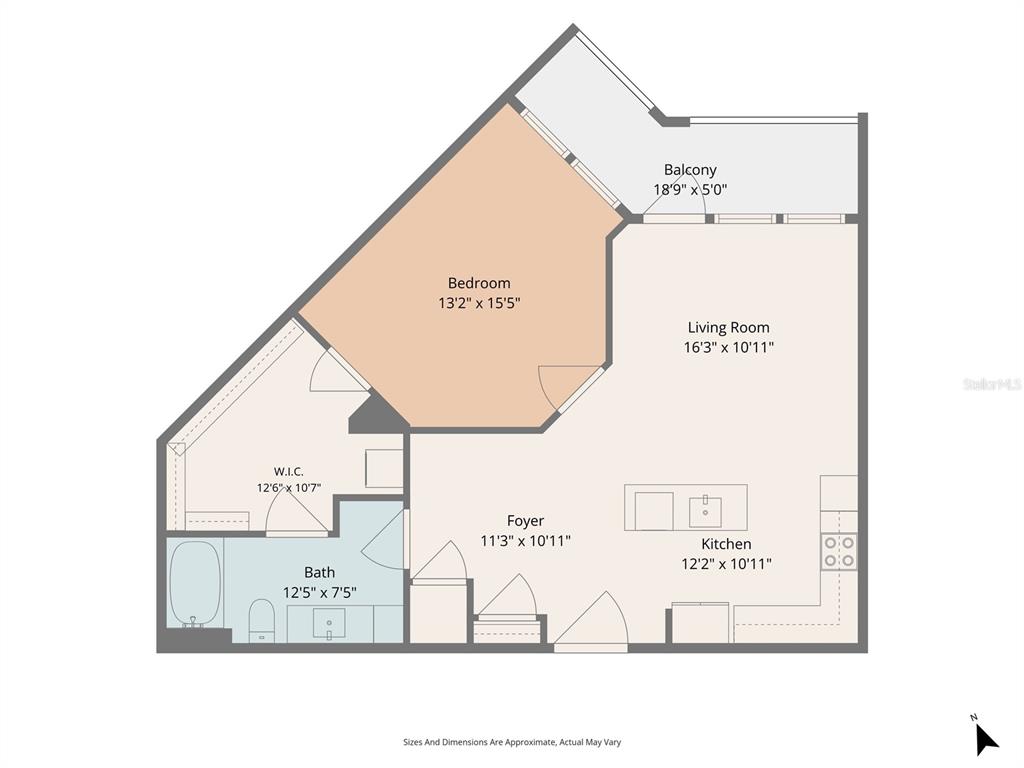 This is a floor plan of a one-bedroom apartment with a balcony, kitchen, and bathroom — 1700 RANCH ROAD UNIT A4-7106, NOKOMIS, FL