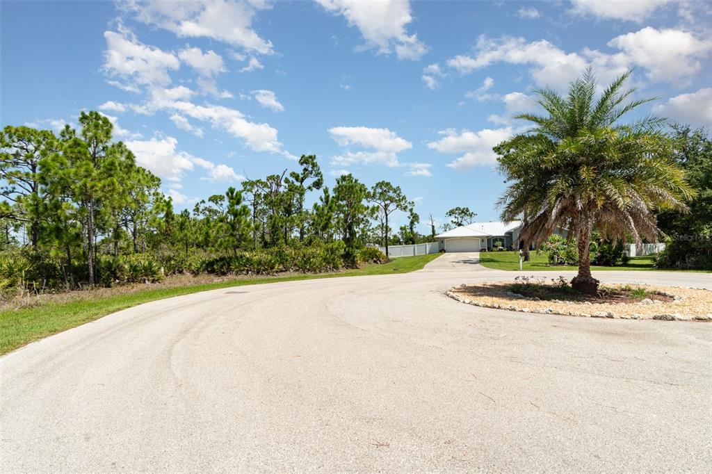 A paved cul-de-sac leads toward a house with a palm tree in the foreground — 9437 TREASURE LAKE COURT, ST JAMES CITY, FL