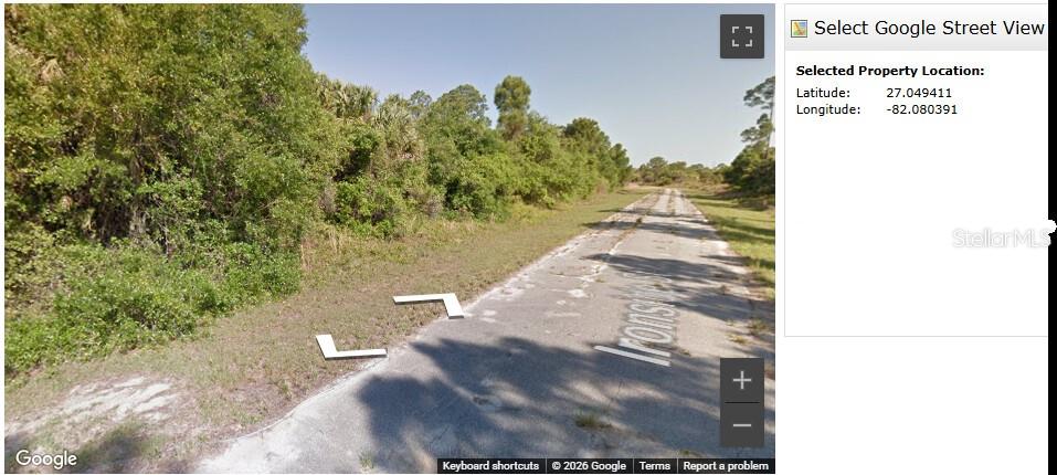 A paved road runs alongside a dense, overgrown wooded lot in a rural area — IRONSIDE STREET, NORTH PORT, FL