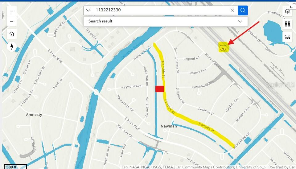 This is a map showing a highlighted property location near Interstate 75 — IRONSIDE STREET, NORTH PORT, FL