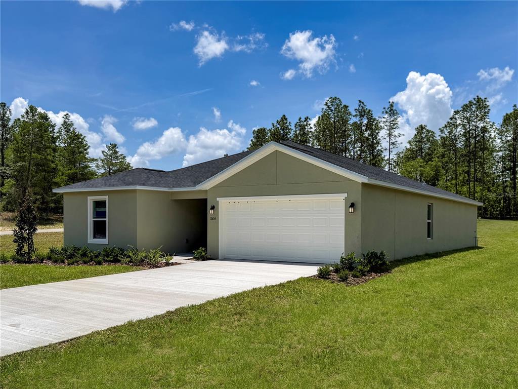 A single-story house with a light green exterior, a white garage door, and a concrete driveway — 13121 SW 86TH COURT, OCALA, FL