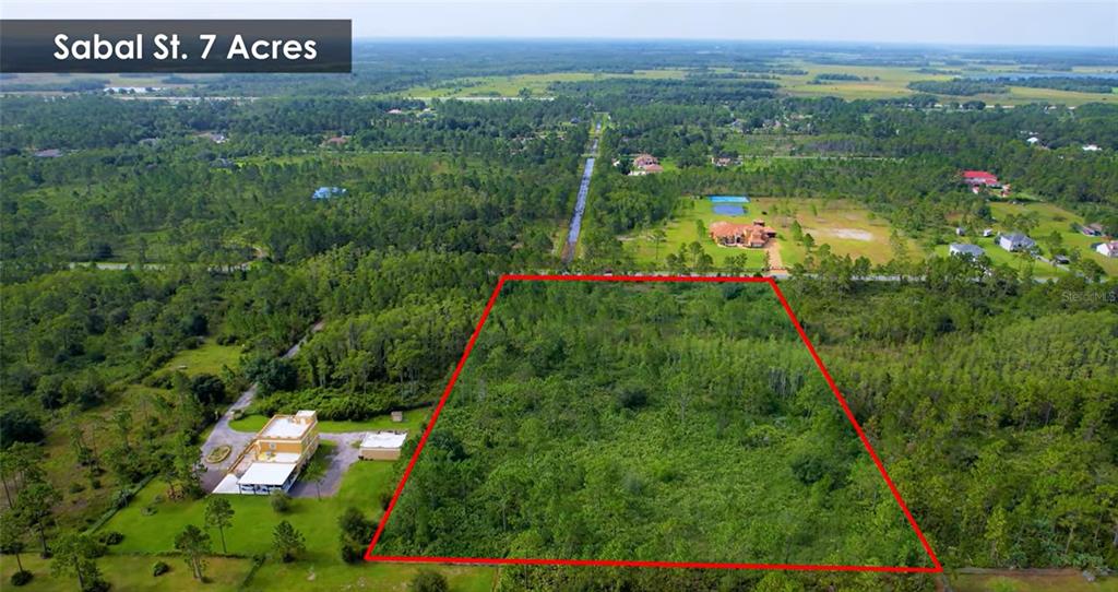 An aerial view shows a rectangular plot of land outlined in red amidst wooded surroundings — Lot 470 SABAL STREET, ORLANDO, FL