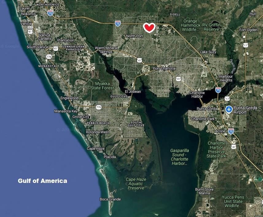 This is a satellite map showing the North Port and Port Charlotte area in Florida — LOT 44 BLOCK 839 ALLING TERRACE, NORTH PORT, FL