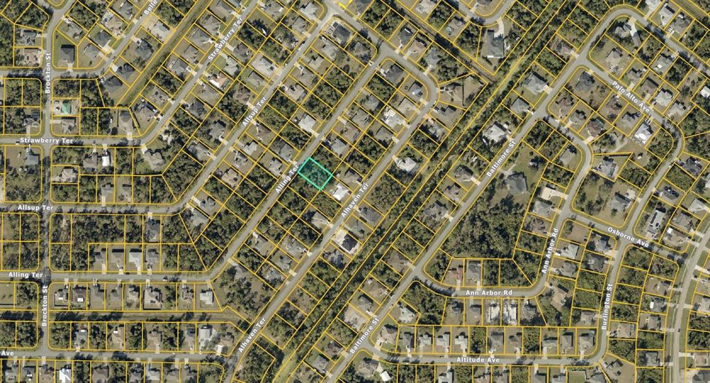 This is an aerial map showing a highlighted vacant residential lot in a suburban neighborhood — LOT 44 BLOCK 839 ALLING TERRACE, NORTH PORT, FL