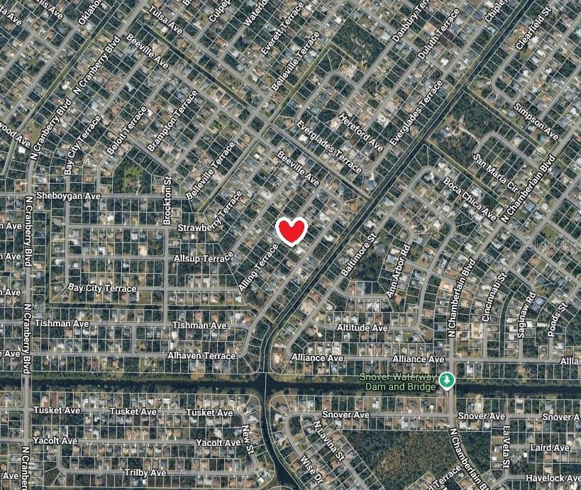 This is an aerial map view of a residential neighborhood with a red location marker — LOT 44 BLOCK 839 ALLING TERRACE, NORTH PORT, FL