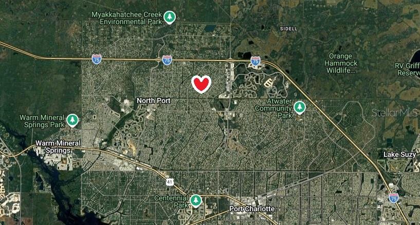 This is a satellite map showing the location of a property in North Port, Florida — LOT 44 BLOCK 839 ALLING TERRACE, NORTH PORT, FL