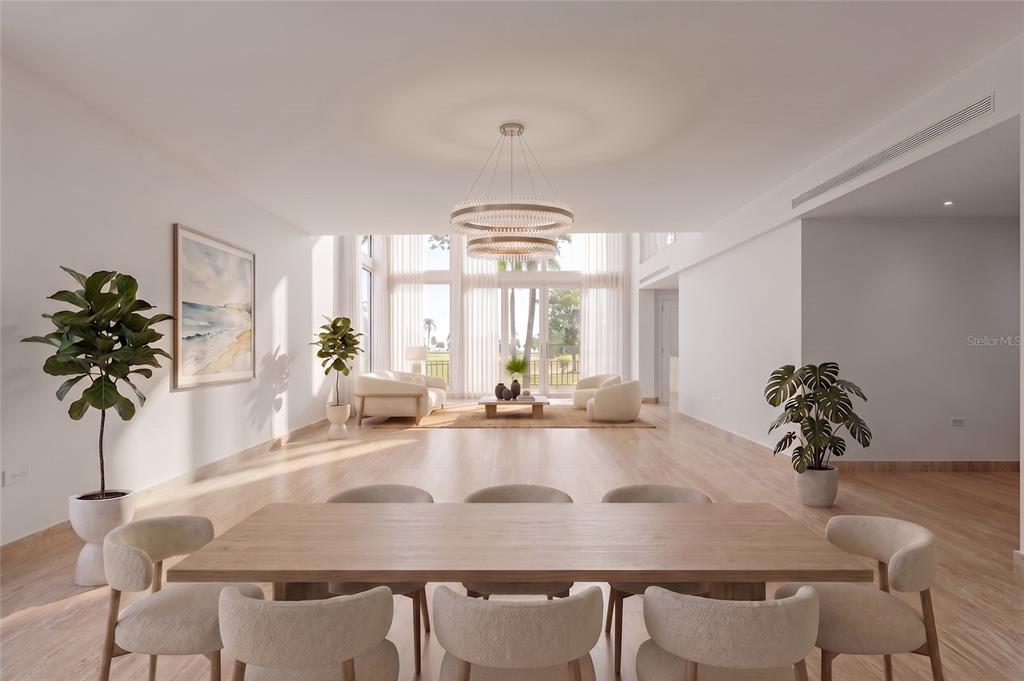 This rendering shows an open-concept dining and living area with light wood floors and floor-to-ceiling windows — 2111-2112 VILLA DORADO BEACH ESTATES, DORADO, PR