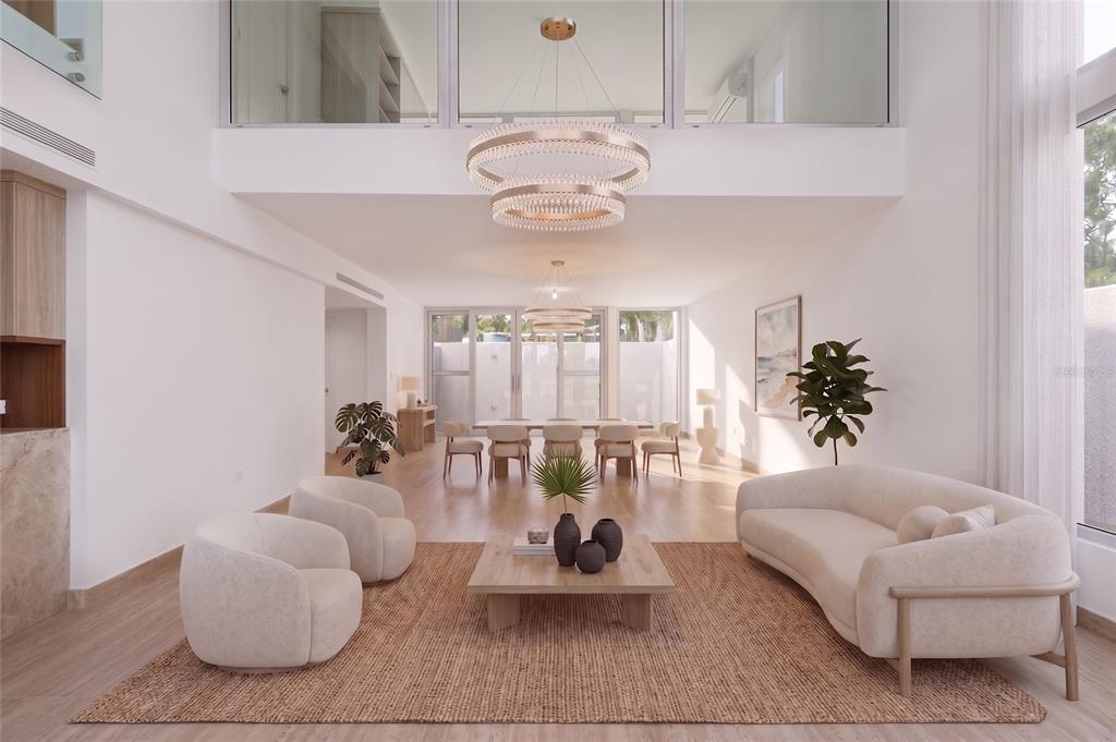 This is a rendering of a modern, open-concept living and dining room with high ceilings — 2111-2112 VILLA DORADO BEACH ESTATES, DORADO, PR