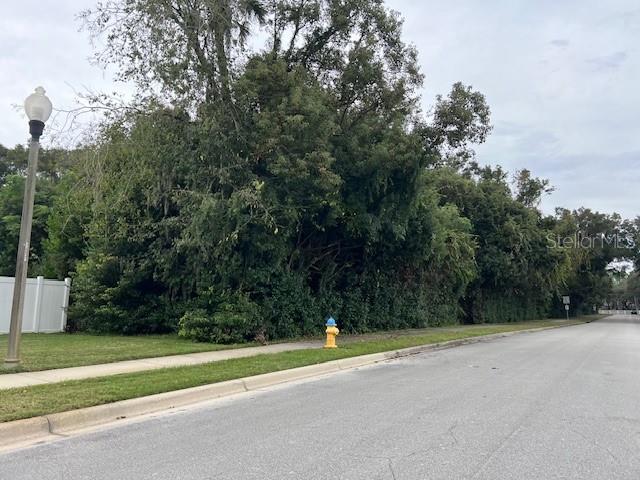 A street view shows a sidewalk, a fire hydrant, and a dense wooded lot — 1290 W PLYMOUTH AVENUE, DELAND, FL