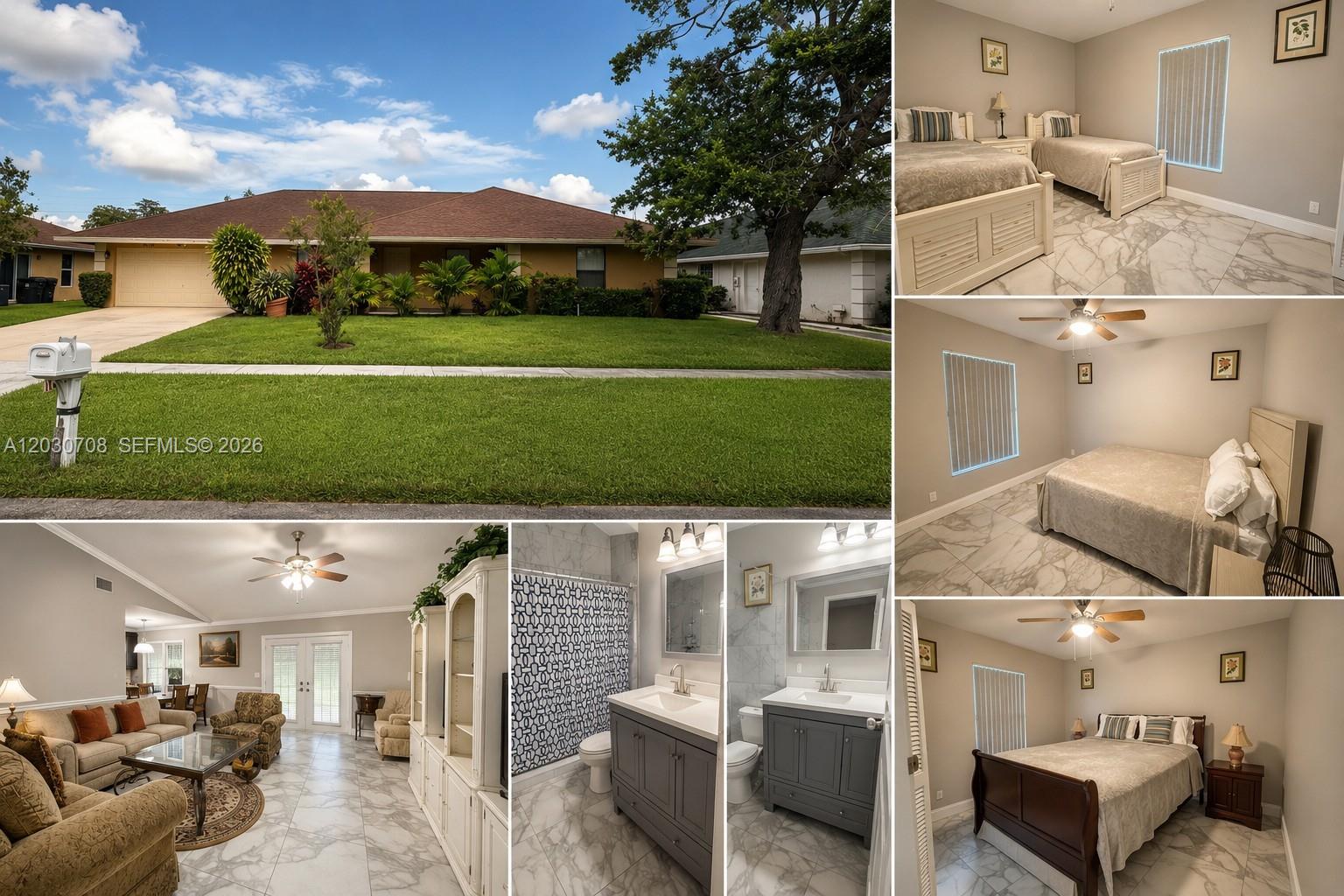 A collage shows a single-story house exterior, a living room, a bathroom, and three bedrooms — 1800 Wisteria St, Wellington FL 33414, WELLINGTON, FL