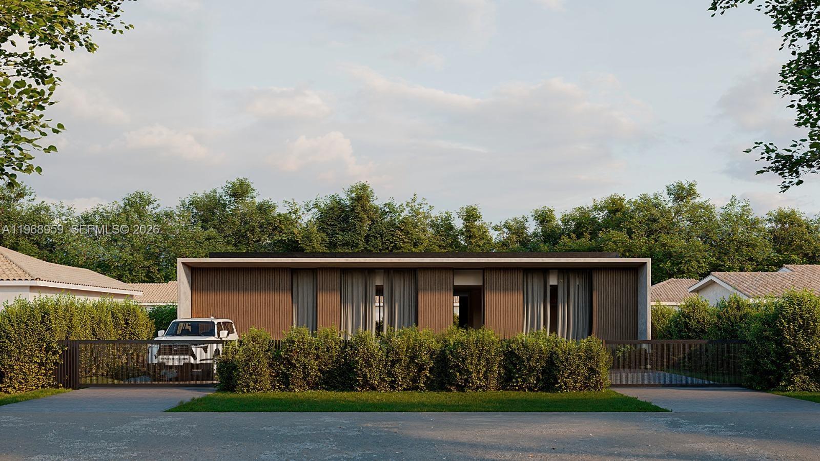 This is a rendering of a modern, single-story house with vertical wood siding and landscaping — 235 NE 46th St, Miami FL 33137, MIAMI, FL