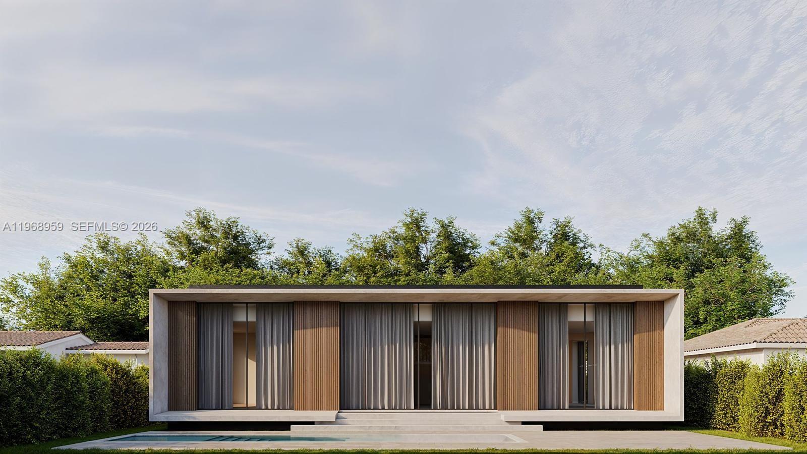 A rendering of a modern, flat-roofed house with wood paneling, floor-to-ceiling curtains, and a pool — 235 NE 46th St, Miami FL 33137, MIAMI, FL