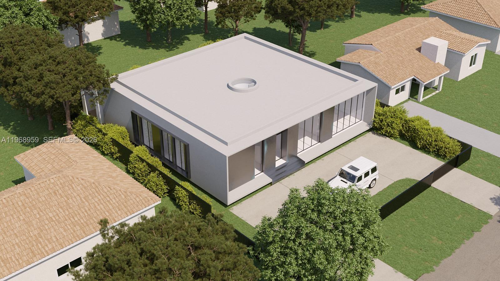 This is a 3D architectural rendering of a modern, flat-roofed house with a central skylight — 235 NE 46th St, Miami FL 33137, MIAMI, FL