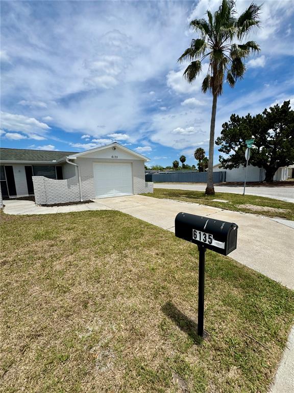 A single-story house with a white garage and a palm tree in the front yard — 6135 SEABREEZE DRIVE, PORT RICHEY, FL