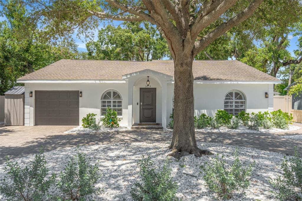A single-story white house with a dark garage door, arched windows, and a large tree — 3819 W SAN MIGUEL STREET, TAMPA, FL