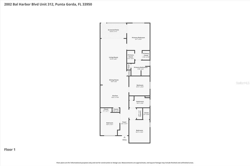 This is a floor plan for a multi-bedroom residential unit with a screened patio — 2002 BAL HARBOR BOULEVARD UNIT 312, PUNTA GORDA, FL