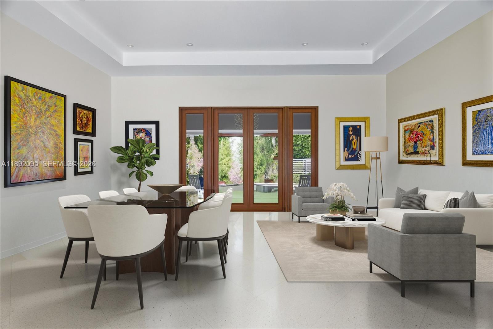 Great Room - virtually staged as dining and living room (side by side) — 5800 SW 99th Ter, Pinecrest FL 33156, PINECREST, FL