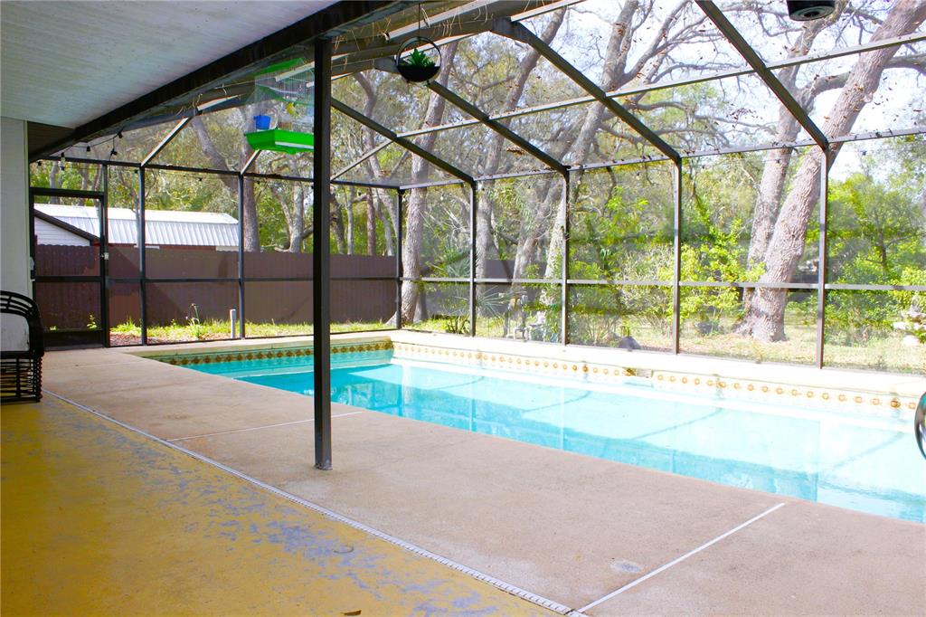 A screened-in pool enclosure features a concrete deck and a view of surrounding trees — 3201 BARTLETT STREET, SPRING HILL, FL